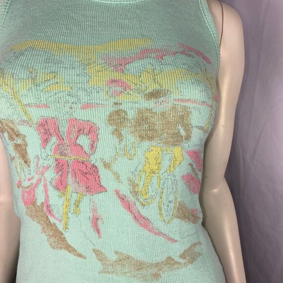 Vintage 1960s Mint Green Novelty Knit Tank Top | Scenic Bicycle Print Sleeveless - Picture 6 of 14